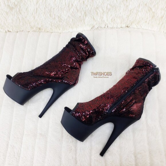 Pleaser Burgundy Sequin Slouch Shaft High Heel Platform Ankle Boots Delight 1008 - Picture 8 of 14
